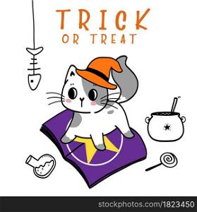 cute Happy Halloween kitten cat costume,Trick or Treat with spider, doodle flat vector illustration idea for greeting card, kid Tshirt
