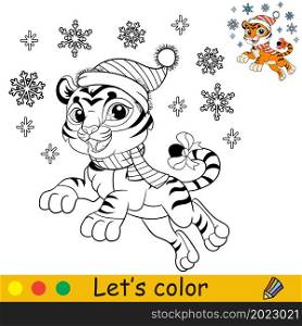 Cute happy jumping tiger cub in Christmas hat. Coloring book page for children with colored exemple. Vector cartoon illustration. For coloring book, education, print, game, decor, puzzle,design. Coloring cute jumping Christmas tiger vector illustration