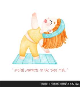 Cute happy Kid girl Doing Yoga pose in Pastel Watercolor whimsical Cartoon Illustration. A charming hand drawn cartoon of a kid practicing yoga exercises.