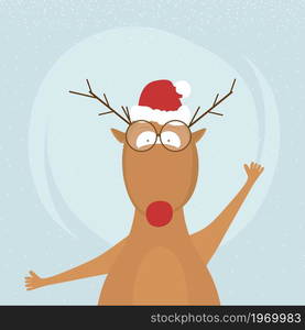 Cute happy little deer in a red hat with a red nose on a blue background.