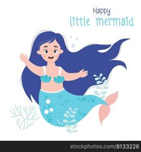 Cute happy little mermaid with seaweed. Vector illustration. Mythological female character for design, decor, postcards, decoration and print