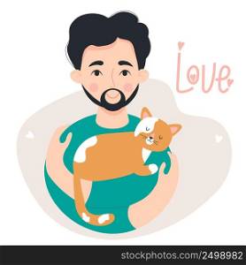Cute happy man with beard and mustache with sleeping ginger cat. Vector illustration. concept of love for pets. happy man character in flat style for postcards, design, decoration and covers