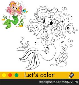 Cute happy mermaid and a fish. Vector cartoon illustration. Kids coloring page with a color sample. For print, design, poster, sticker, card, decoration and t shirt design and coloring pages books. Kids coloring mermaid and a cute fish vector illustration