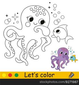 Cute happy octopus and a fish. Vector cartoon illustration. Kids coloring page with a color s&le. For print, design, poster, sticker, card, decoration and t shirt design and coloring pages books. Kids coloring cute happy octopus vector illustration