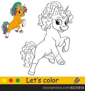 Cute happy orange unicorn. Kids coloring book page with color template. Vector cartoon illustration. Educational work page. For coloring, cards, print, design, decor, tattoo,game and puzzle. Unicorn Coloring Page with template vector illustration 2