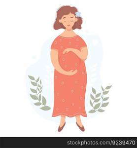 Cute happy pregnant woman. Vector illustration. Future mother in flat cartoon style full length. Concept of pregnancy and motherhood