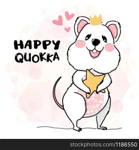 Cute Happy quokka wearing crown holding star, drawing outline animal character flat vector idea for greeting card, birthday card, nursery and childish print