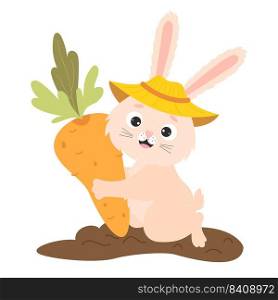 Cute happy rabbit in ve≥tab≤garden bed with big carrots. Harvesting, funny farmer. Vector illustration for kids col≤ction, postcards, design and decoration of agricu<ural harvest themes