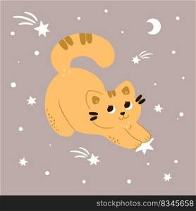 Cute happy red cat stretches in the stars. Children's illustrations. Flat cartoon style for baby shower, baby store, books