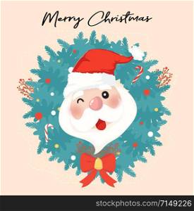 cute happy Santa clause in Christmas wreath, happy Christmas printable card