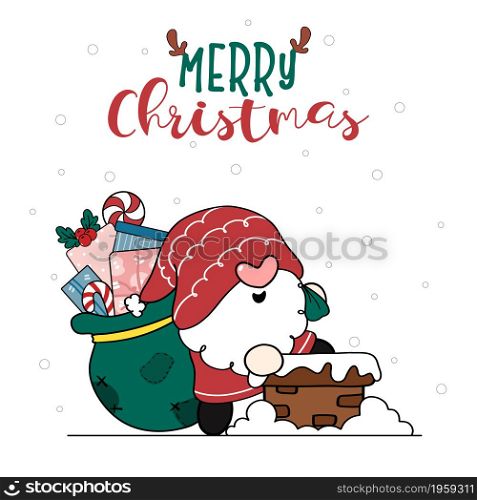 Cute happy smile Santa Gnome carries sack bag of gifts going into a house chimney, Merry Christmas, cartoon doodle hand drawn flat vector