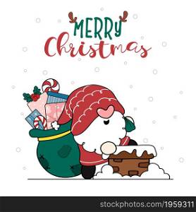 Cute happy smile Santa Gnome carries sack bag of gifts going into a house chimney, Merry Christmas, cartoon doodle hand drawn flat vector