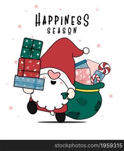 Cute happy smile Santa Gnome with a sack of present gift boxes, happiness season, merry Christmas and Happy New Year, cartoon hand drawn flat doodle