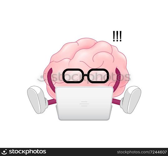 Cute happy smiling brain character sitting with laptop computer. illustration design icon. Isolated on white background. Mind, brain, logic, education concept.