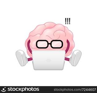 Cute happy smiling brain character sitting with laptop computer. illustration design icon. Isolated on white background. Mind, brain, logic, education concept.