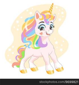 Cute happy smiling pink unicorn with rainbow mane. Vector illustration in cartoon style is ideal for print and decor kids clothes, fabrics, souvenirs,stickers. Isolated character on white background. Cute cartoon character lady pink unicorn vector illustration