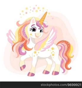 Cute happy smiling wingled and shiny unicorn. Vector illustration in cartoon style is ideal for printing and decor kids clothes, fabrics, souvenirs, stickers. Isolated character on white background.. Cute cartoon character wingled lovely unicorn vector Illustration