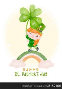 Cute Happy St. Patrick's day, happy smile Laprechaun in gloden pot kid cartoon character watercolour hand painting