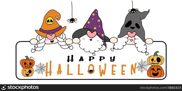 cute happy Three Gnomes Halloween in costume clothes and witch hats, Happy Halloween banner, cartoon character outline hand drawn