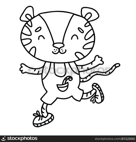 Cute happy tiger with candy. Vector illustration. Linear hand drawing sketch. Character for decoration, coloring, design and for kids collection