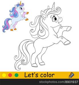 Cute happy unicorn. Kids coloring book page with color template. Vector cartoon illustration. Educational work page. For kids coloring, postcard, print, design, decor, tattoo, game and puzzle. Kids coloring cartoon unicorn character vector illustration 6