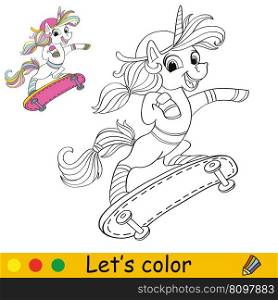 Cute happy unicorn on a skateboard. Kids coloring book page with color template. Vector cartoon illustration. Educational work page. For coloring, cards, print, design, decor, tattoo,game and puzzle. Unicorn Coloring Page with template vector illustration 12