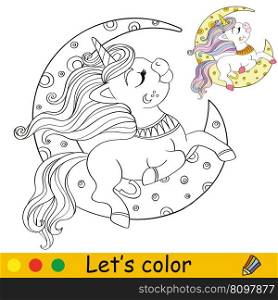 Cute happy unicorn on the moon. Kids coloring book page with color template. Vector cartoon illustration. Educational work page. For coloring, cards, print, design, decor, tattoo,game and puzzle. Unicorn Coloring Page with template vector illustration 20