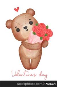 cute Happy Valentine brown teddy bear hug bunch of roses flower, adorable cartoon watercolor hand drawn vector illustratrion