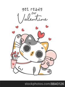 Cute happy Valentine love cupid Calico kitten cat animal cartoon character doodle hand drawing