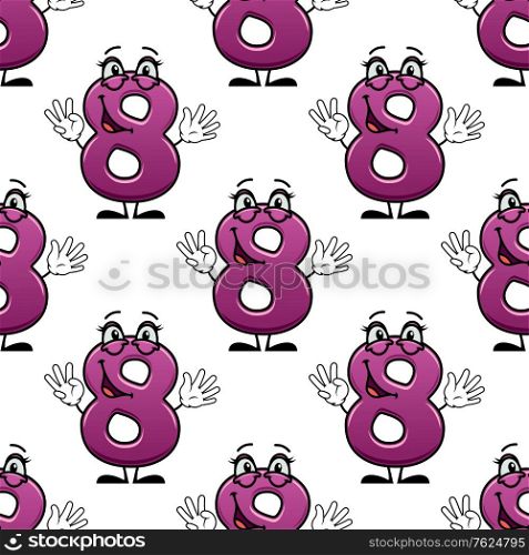 Cute happy waving number 8 seamless pattern holding up eight fingers with a happy smile. Cute happy waving number 8 seamless pattern