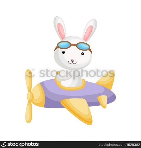 Cute hare pilot wearing aviator goggles flying an airplane. Graphic element for childrens book, album, scrapbook, postcard, mobile game. Flat vector stock illustration isolated on white background.