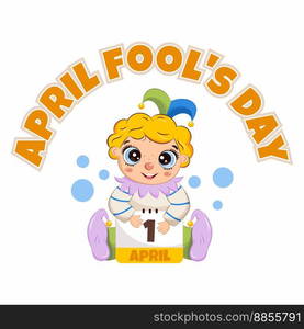 Cute harlequin is holding calendar in his hands. April Fool’s Day. Funny kid. Illustration for banner. Party.