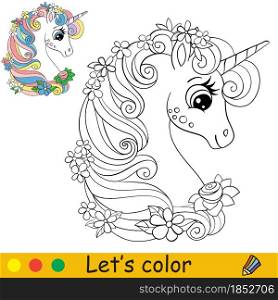 Cute head of unicorn with flowers. Coloring book page for children with colorful template. Vector cartoon illustration. For education, print, game, decor, puzzle,design. Cute head of unicorn with flowers coloring book page