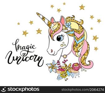 Cute head of unicorn with flowers vector illustration. Vector color isolated ilustration with golden elements. For design, decor, print, baby shower, t-shirt, embroidery, cards,dishes and kids apparel. Cute head of unicorn with flowers vector illustration