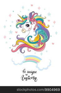 Cute head of unicorn with long rainbow mane. Vertical poster. Vector illustration isolated on white background. For stickers, party, embroidery, design, decoration, print, t-shirt, dishes, bed linen. Cartoon head of unicorn vector illustration poster white