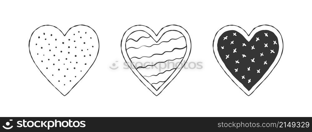 Cute hearts. Black hearts with texture. Hand-drawn hearts. Vector illustration