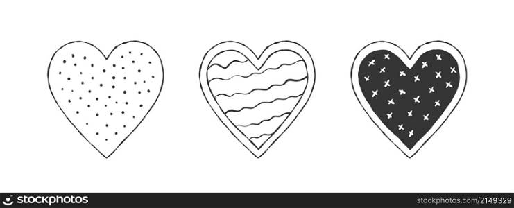 Cute hearts. Black hearts with texture. Hand-drawn hearts. Vector illustration
