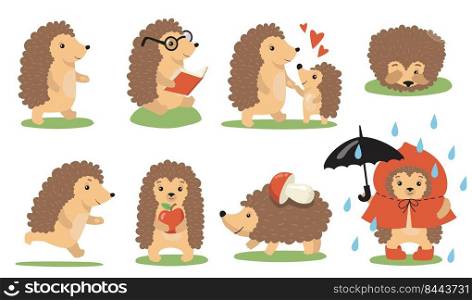 Cute hedgehog actions and poses set. Cartoon wild animal walking in rain, reading, playing with baby, sleeping, running, carrying food. Vector illustration for wildlife, nature, children book concepts