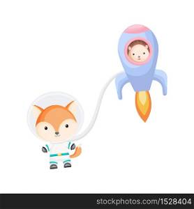 Cute hedgehog and fox astronauts flying in rocket and open space. Graphic element for childrens book, album, postcard, invitation. Flat vector stock illustration isolated on white background.