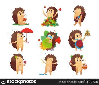 Cute hedgehog cartoon character vector illustrations set. Funny wild animal with spikes sleeping, reading book, playing with leaves, eating apple isolated on white background. Nature, wildlife concept