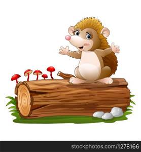 Cute hedgehog cartoon on the tree log