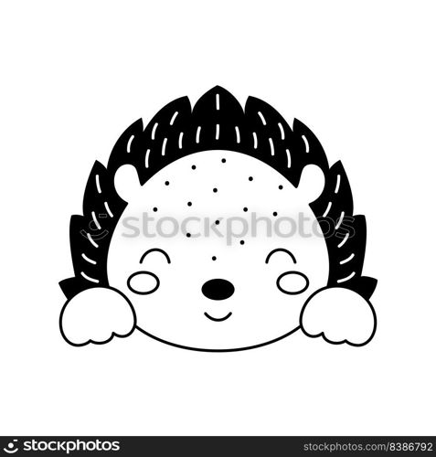 Cute hedgehog head in Scandinavian style. Animal face for kids t-shirts, wear, nursery decoration, greeting cards, invitations, poster, house interior. Vector stock illustration