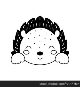 Cute hedgehog head in Scandinavian style. Animal face for kids t-shirts, wear, nursery decoration, greeting cards, invitations, poster, house interior. Vector stock illustration