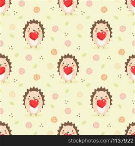 Cute hedgehog hold a red heart seamless pattern. Cute animal in Valentine concept.