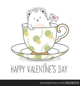 Cute Hedgehog In A Cup Holding Balloon Valentines Day
