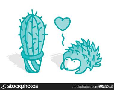 Cute hedgehog in love with a cactus