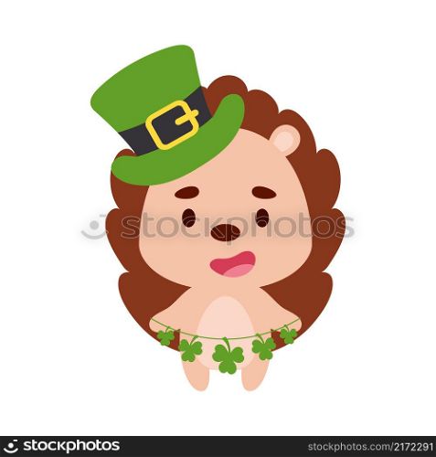 Cute hedgehog in St. Patrick&rsquo;s Day leprechaun hat holds shamrocks. Irish holiday folklore theme. Cartoon design for cards, decor, shirt, invitation. Vector stock illustration.