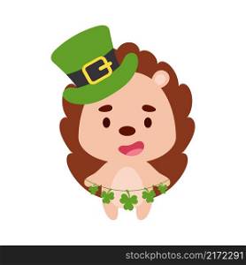 Cute hedgehog in St. Patrick&rsquo;s Day leprechaun hat holds shamrocks. Irish holiday folklore theme. Cartoon design for cards, decor, shirt, invitation. Vector stock illustration.