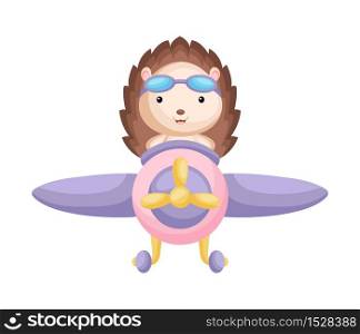Cute hedgehog pilot wearing aviator goggles flying an airplane. Graphic element for childrens book, album, scrapbook, postcard, game. Flat vector stock illustration isolated on white background.