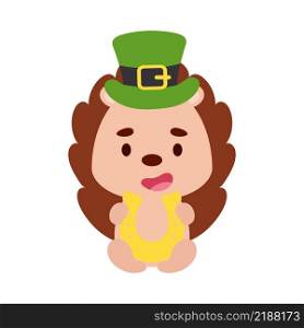 Cute hedgehog St. Patrick’s Day leprechaun hat holds horseshoe. Irish holiday folklore theme. Cartoon design for cards, decor, shirt, invitation. Vector stock illustration.
